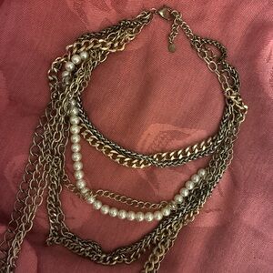 Vintage Y2K Bebe Metallic and Pearl Chain Necklace